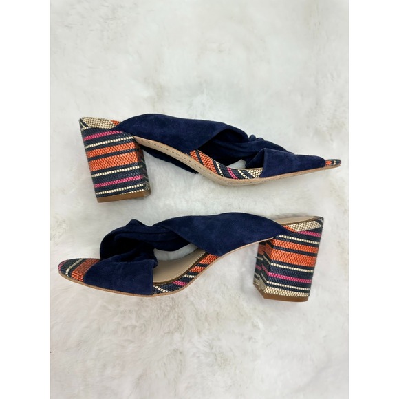 1901 Suede Knotted Bow Sandals Womens Sz 7.5M Blue Boho Woven Raffia Block Heels - Picture 3 of 11